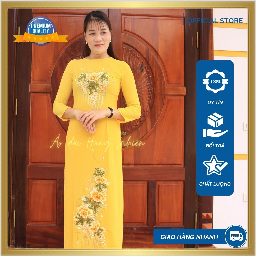Áo dài nữ Trung niên - Chất liệu Tằm thêu phủ Kim tuyến - May sẵn, thiết kế đẹp - Sang trọng