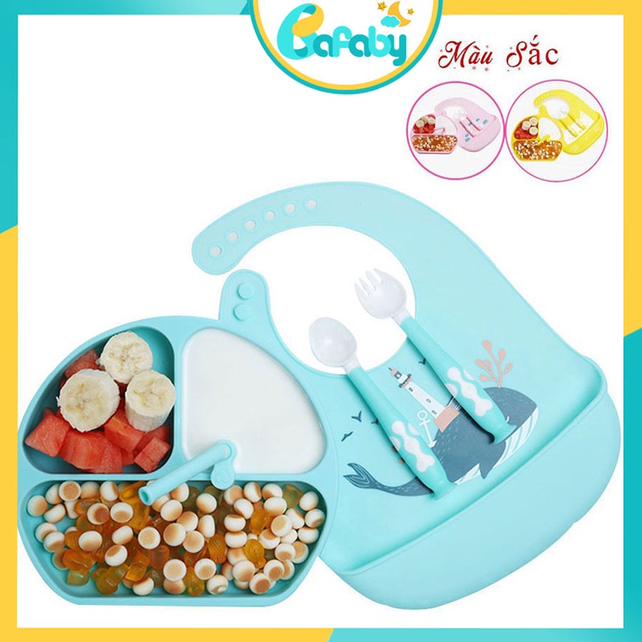 [CHỐNG ĐỔ] Combo 5 Món Khay-Muỗng-Nĩa-Ống-Yếm Ăn Dặm Cho Bé, Khay Ăn Dặm Cho Bé Hàng Công Ty Chất Liệu Silicon