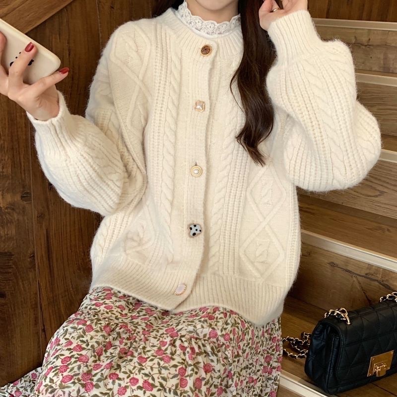 Áo khoác Cardigan len trơn cổ tròn