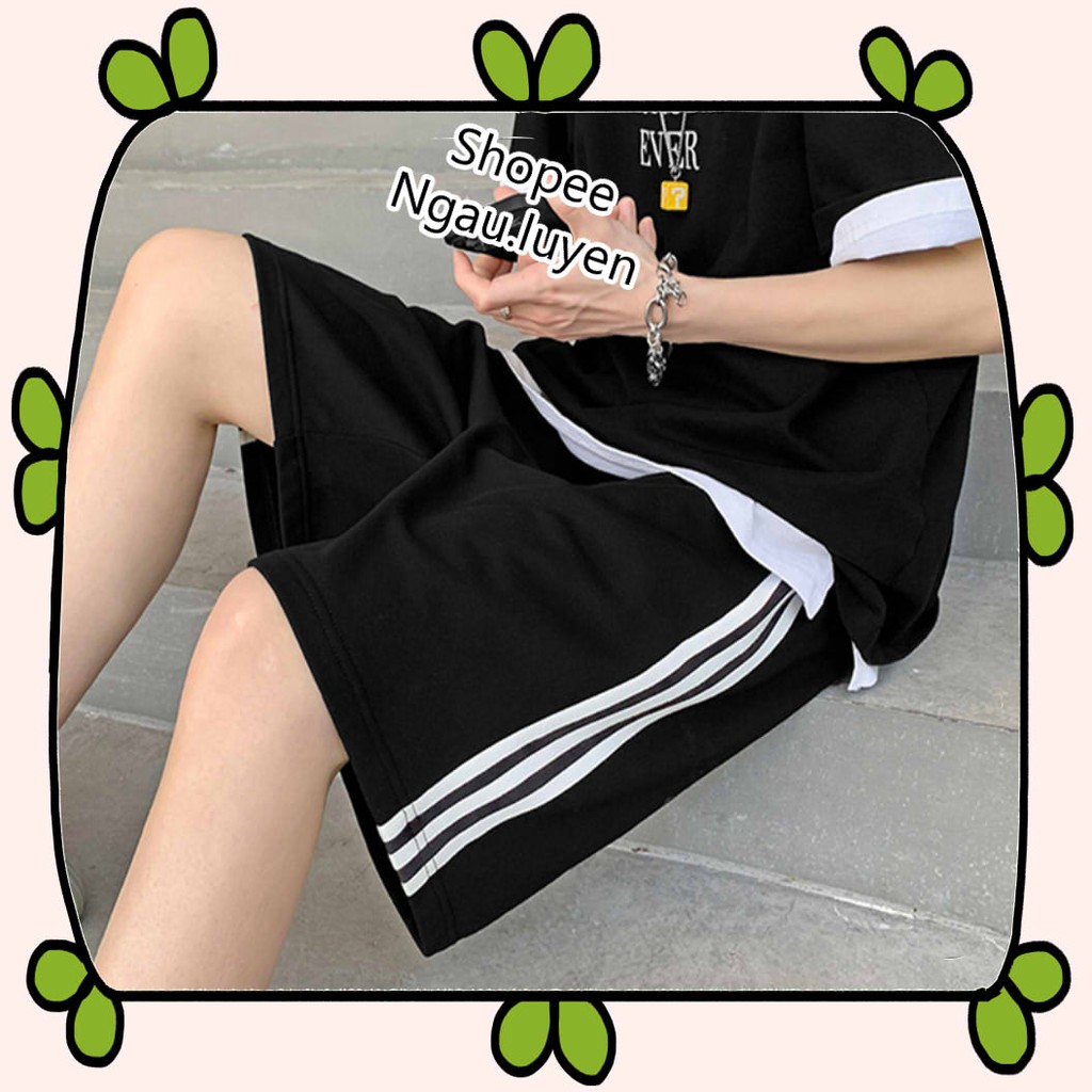 Q006 Quần đùi đen nam nữ ba vạch ống rộng cạp chun dây rút ulzzang, quần short thun co giãn thể thao phong cách