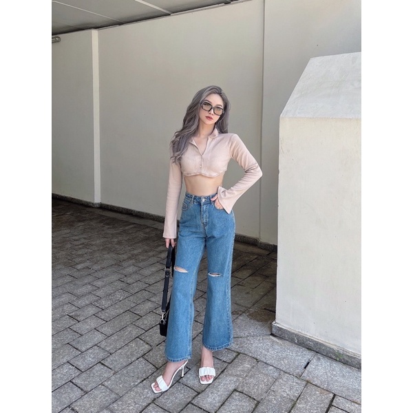 Áo croptop nữ body dài tay TOPTIFY cổ polo hai nút viền ngực Shelby Top | BigBuy360 - bigbuy360.vn
