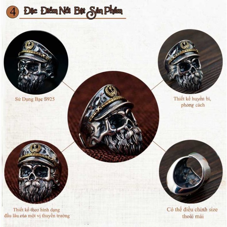 Nhẫn bạc Thuyền Trưởng Ma Captain Skull chất liệu bạc Thái S925 phong cách cá tính thương hiệu Viễn Chí Bảo N100448