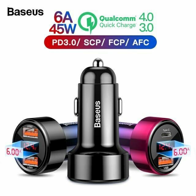 [Mã 2404EL10K giảm 10K đơn 20K] Củ sạc trên ô tô 45W sạc nhanh cổng usb + typeC PD hãng Baseus