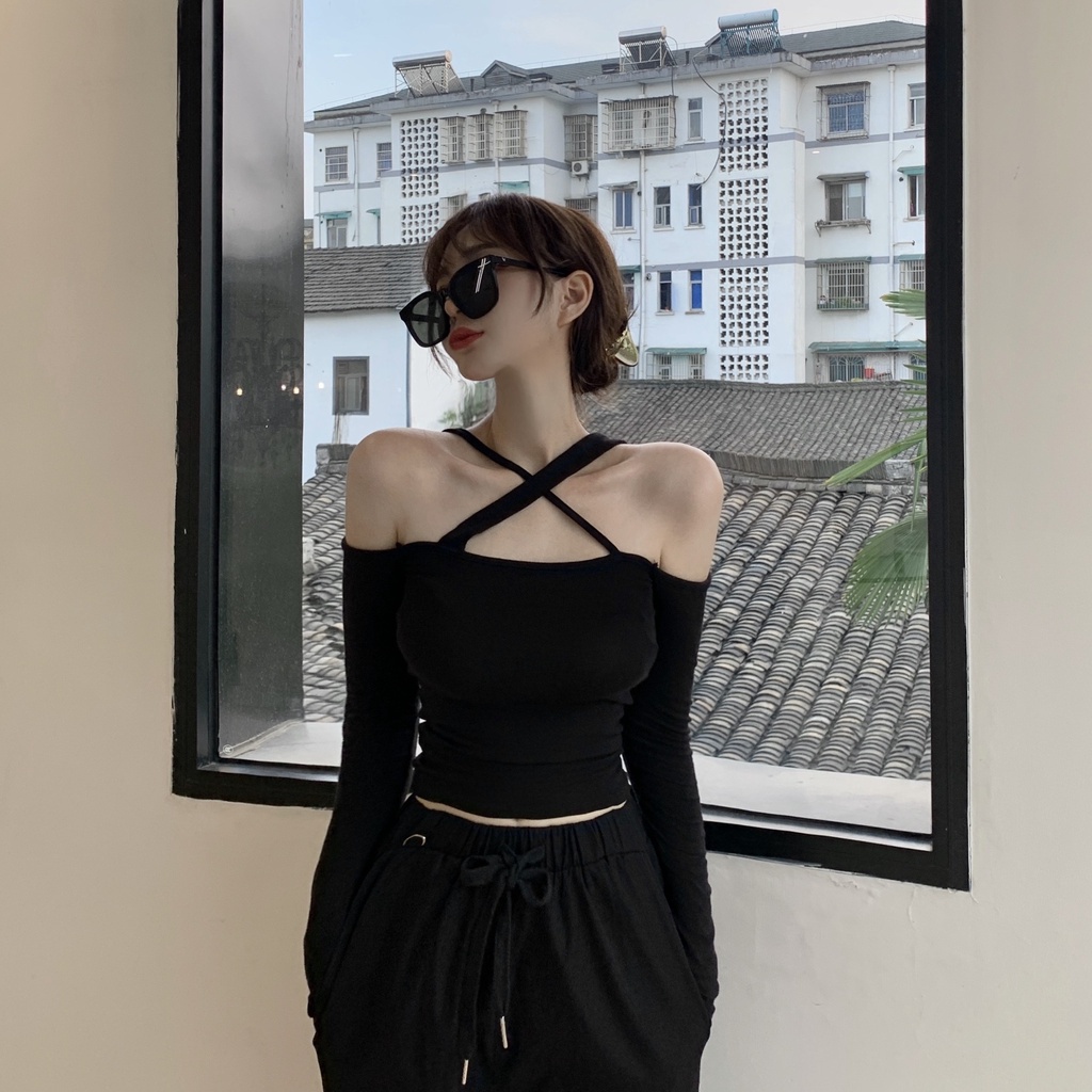 Áo thun COZOKC tay dài trễ vai dáng ôm thời trang quyến rũ cho nữ