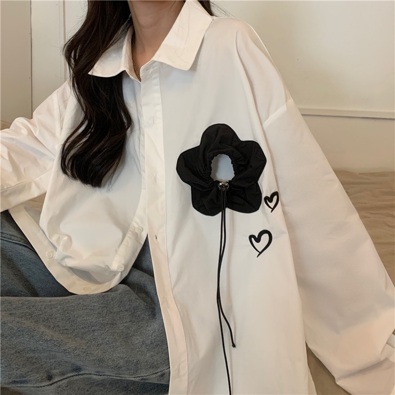 Áo sơ mi ZHELIHANGFEI tay dài dáng rộng thêu họa tiết hoa xinh xắn dễ phối đồ