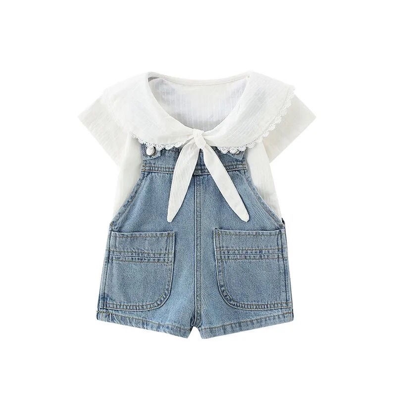 Set Áo Sơ Mi Ngắn Tay Và Quần Yếm Denim Thời Trang Mùa Hè Mới Hàn Quốc 2023 Dành Cho Bé Gái