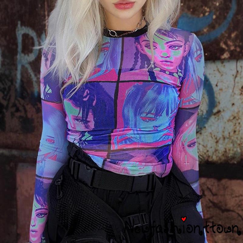 Áo Croptop Tay Dài Cổ Tròn In Họa Tiết Mặt Người Nhiều Màu Sắc Thời Trang Cho Nữ