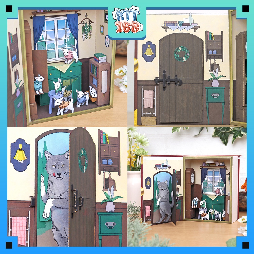 Mô hình giấy đồ vật đồ chơi Sách 3D chó sói và 7 chú dê con