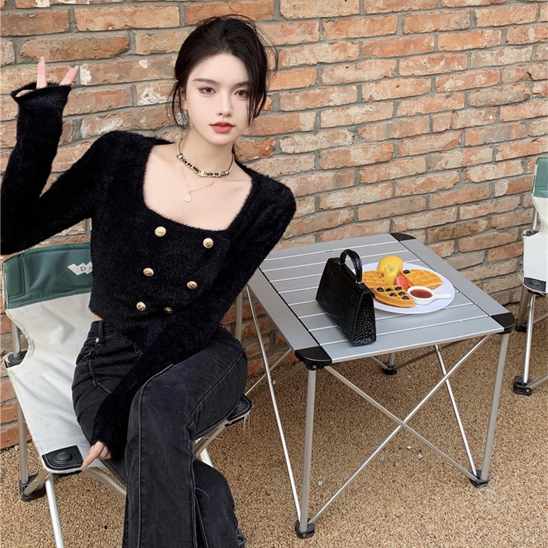 Áo Sweater Dệt Kim Cổ Vuông Thời Trang Cho Nữ
