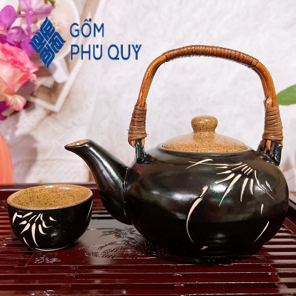 Bộ Ấm Trà ⚱ Gốm Sứ Bát Tràng ⚱ Bộ Ấm Chén Uống Trà Gốm Trúc Men Hoả Biến Gomphuquy Th04