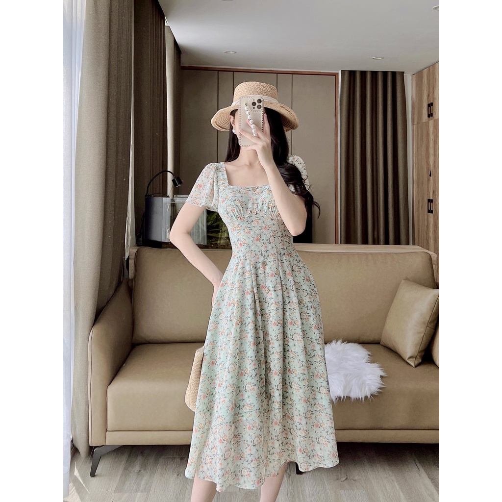 D138 VÁY CỔ VUÔNG HOA XANH