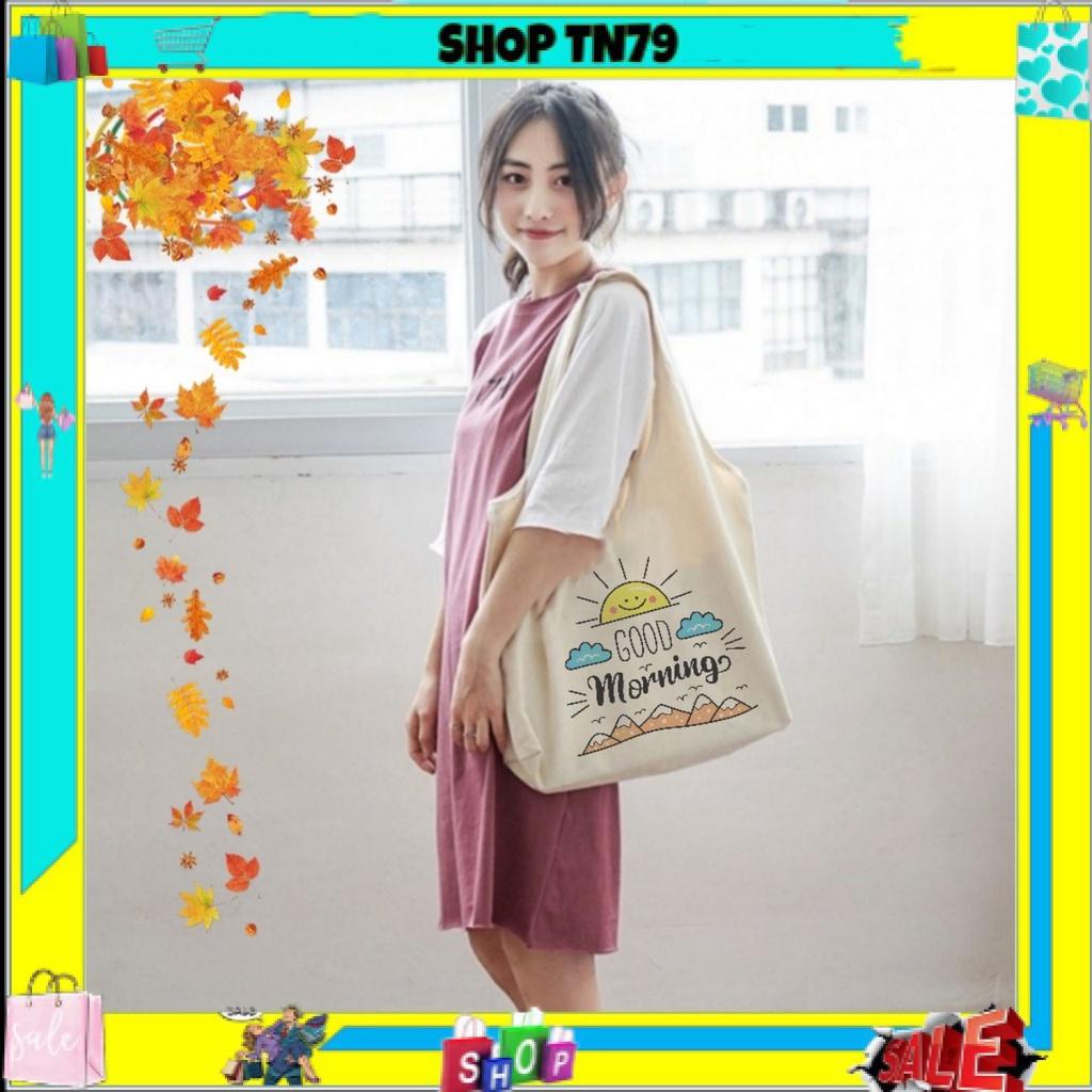Túi tote nữ vải canvas Good Morning có khóa miệng , túi con phong cách Hàn Quốc thích hợp đi học , đi chơi ...