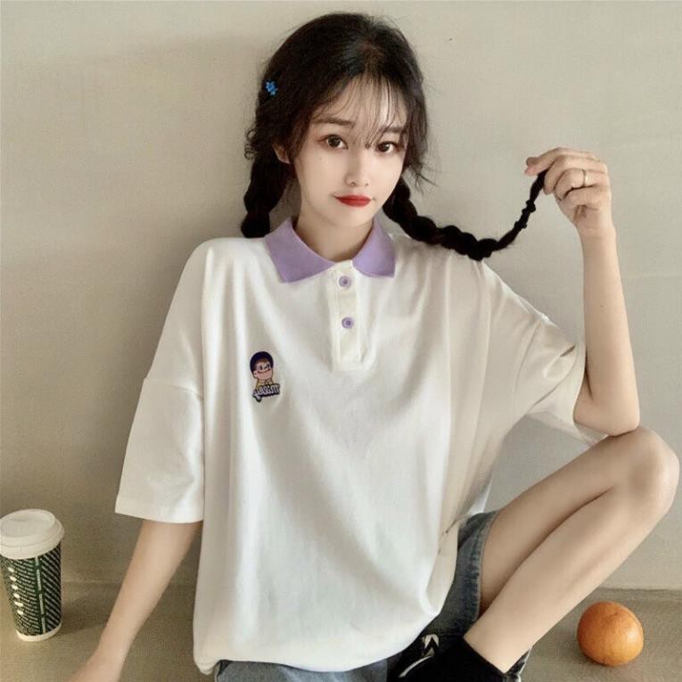 Áo Thun Nữ Tay Lỡ Có Cổ, Áo Phông Form Rộng Freesize Unisex Thêu Hình Bé Trai Bé Gái, Labibi . ཾ