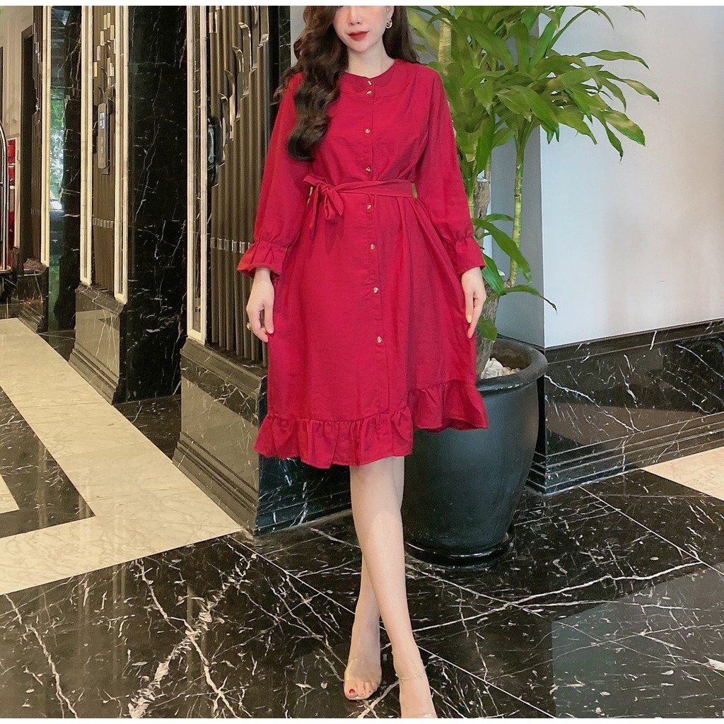 Váy suông nữ cổ tròn bo tay thắt nơ đuôi cá chất nhung | BigBuy360 - bigbuy360.vn