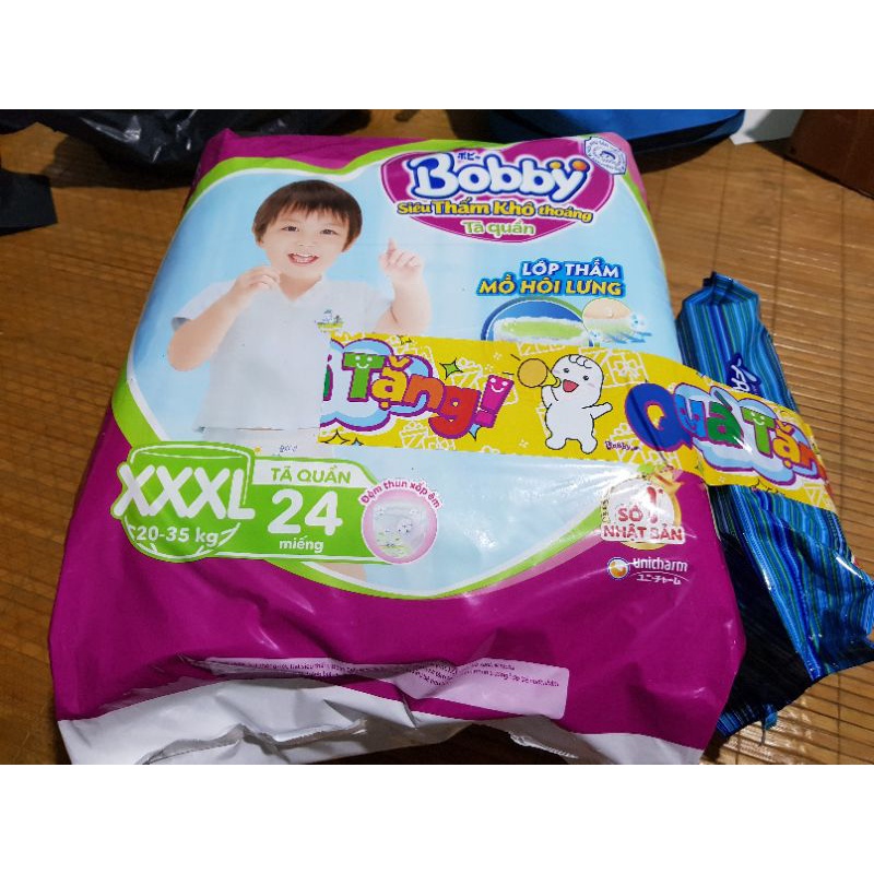 Bỉm quần Bobby XXXL 24 MIẾNG KÈM quà tặng ( khăn ướt/ +6 miếng/ ....)