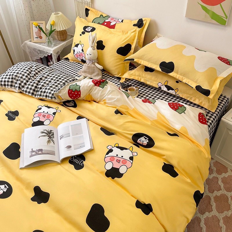 Bộ chăn ga gối cotton poly - Mẫu bò vàng.