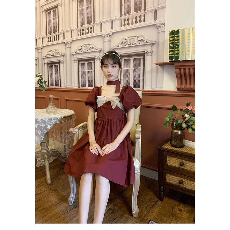 Đầm chữ A cổ vuông màu trơn phong cách retro thời trang Pháp