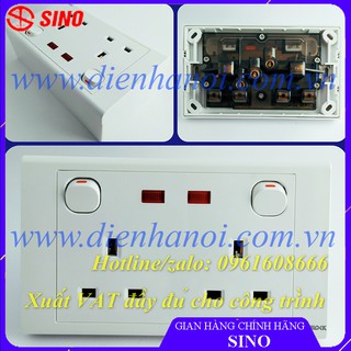 Ổ cắm đôi 13A công nghiệp, 3 chấu vuông kiểu Anh có công tắc và đèn báo Sino S18