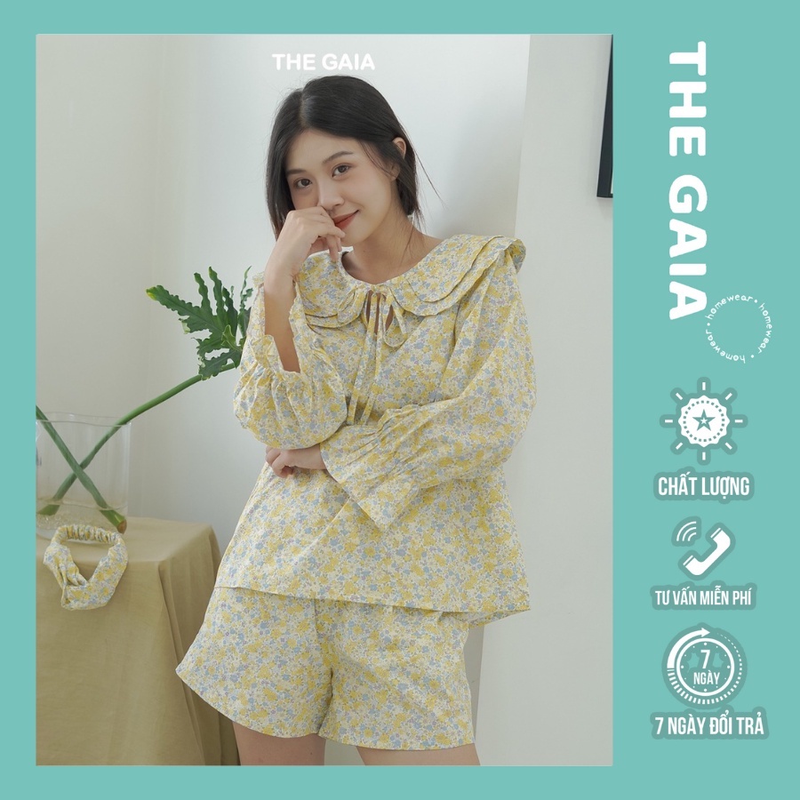 Bộ pyjama nữ mặc nhà THE GAIA cổ lá áo tay dài quần ngắn chất liệu vải thô cotton hoạ tiết hoa