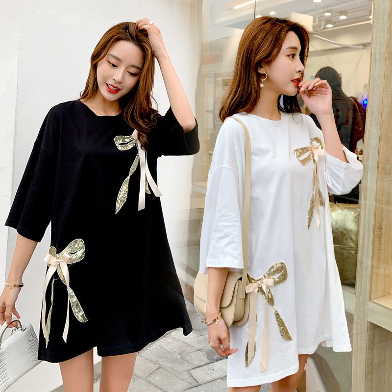 Đầm suông họa tiêt nơ kim sa D1644