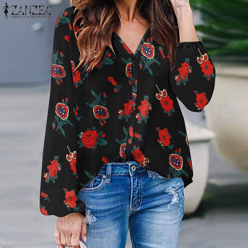 Zanzea Áo Kiểu Tay Dài Cổ Chữ V In Họa Tiết Hoa Thanh Lịch Dành Cho Nữ