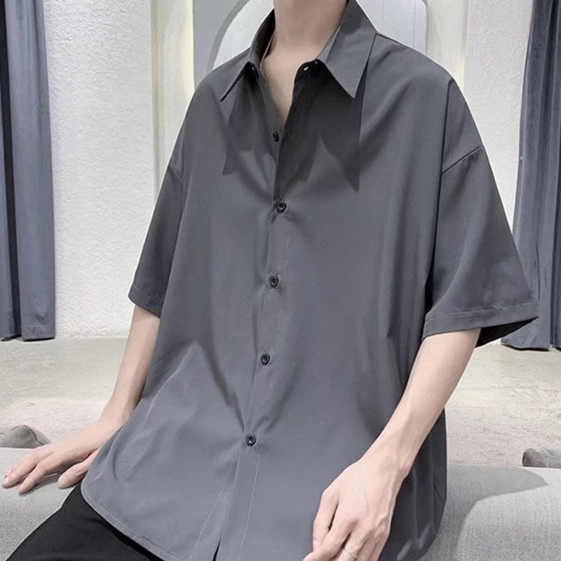 Áo sơ mi ngắn tay xẻ tà dáng rộng màu trơn phong cách Hàn Quốc mặc thường ngày retro cho nam