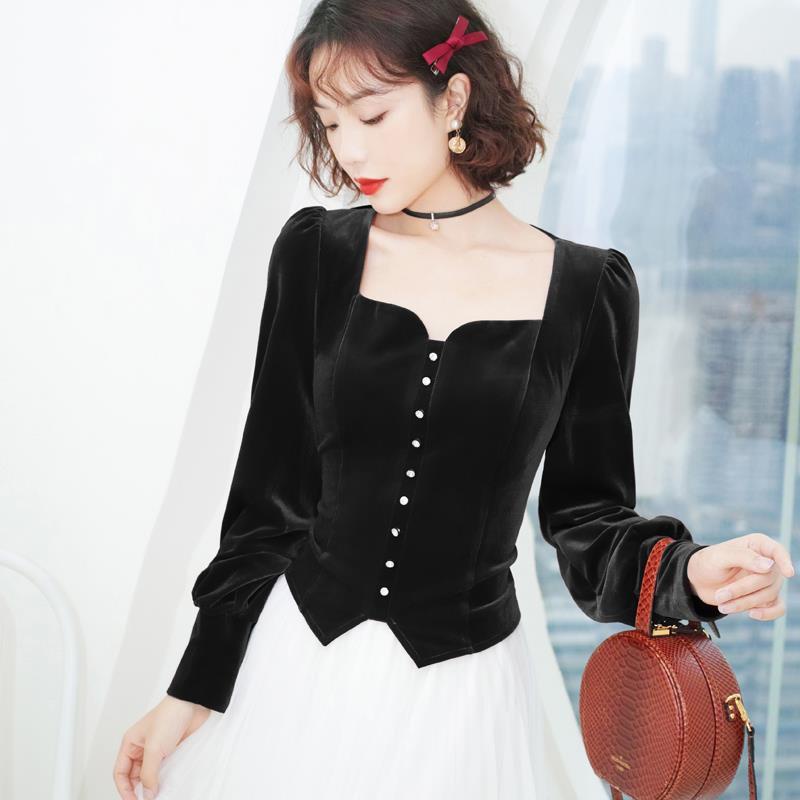 Áo sơ mi 9 tấc dáng ôm cổ chữ V thiết kế mới phong cách retro Pháp cho nữ