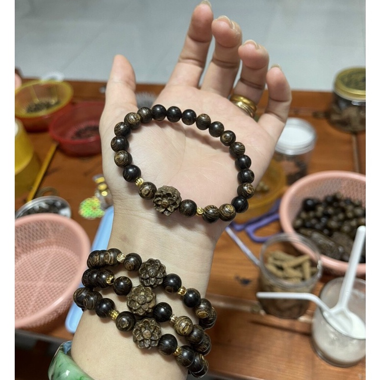 Vòng Tay Trầm  Tương phong thủy - Trầm hương sánh chìm  -Vòng Mix Hoa Sen