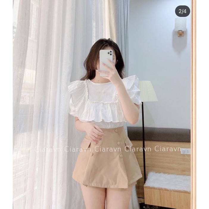 SET ÁO BBD BÈO TRẮNG + CHÂN VÁY NÚT KEM