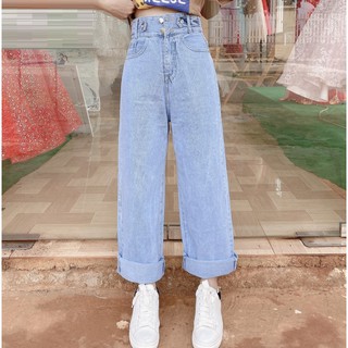 QUẦN JEAN ỐNG RỘNG NỮ LƯNG CAO MÀU XANH NHẠT PHỐI 2 NÚT 2 ĐAI - Korean Impress Shop