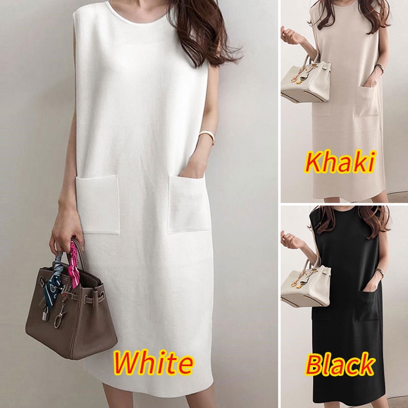Đầm suông Zanzea không tay màu trơn có túi thời trang cá tính cho nữ