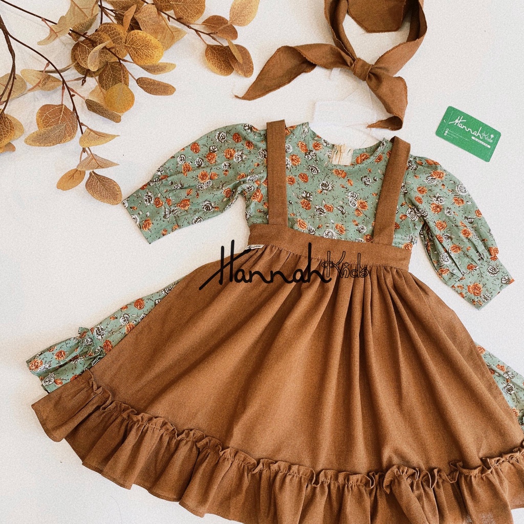 Váy Yếm Dài Tay Mùa Thu Cho Bé 5-35Kg, Váy Yếm Vintage Dễ Thương Cho Bé Gái 1-10 Tuổi HANNAH KIDS