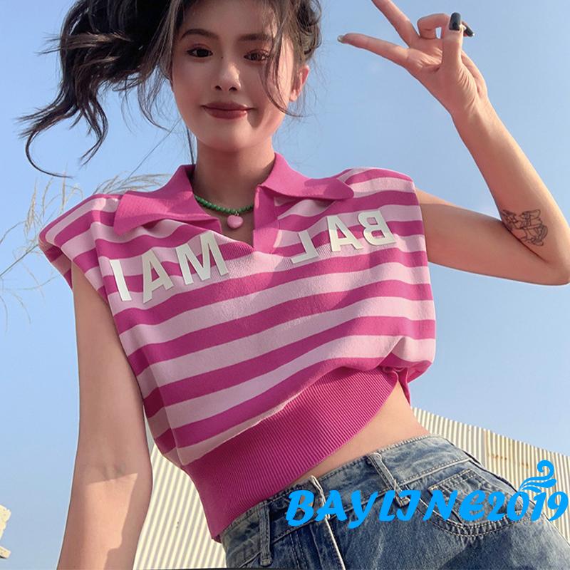 Áo Thun Dệt Kim Họa Tiết Sọc Ngang Màu Sắc Tương Phản Có Cổ Tay Áo In Chữ Cho Nữ