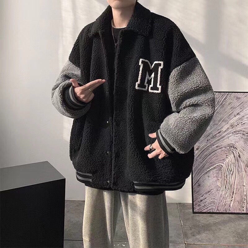 Áo Khoác Mũ Lông Thêu Chữ M Pha Tay Dáng Rộng Phong Cách Unisex Thời Trang Cá Tính(Hàng Sẵn -Ảnh Thật)