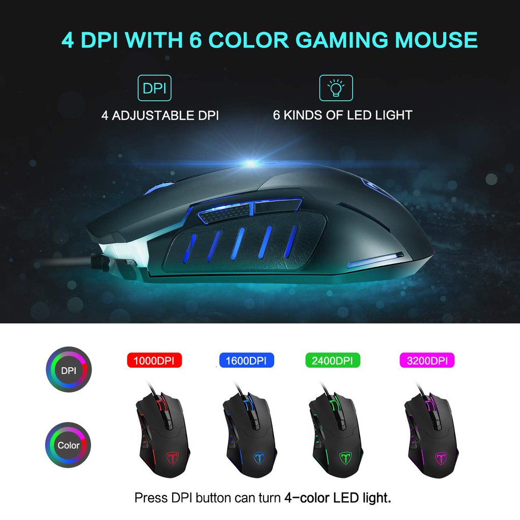 Chuột chơi game văn phòng cao cấp USB PICTEK T9 có dây 3200 DPI 6 nút cho máy tính PC Laptop