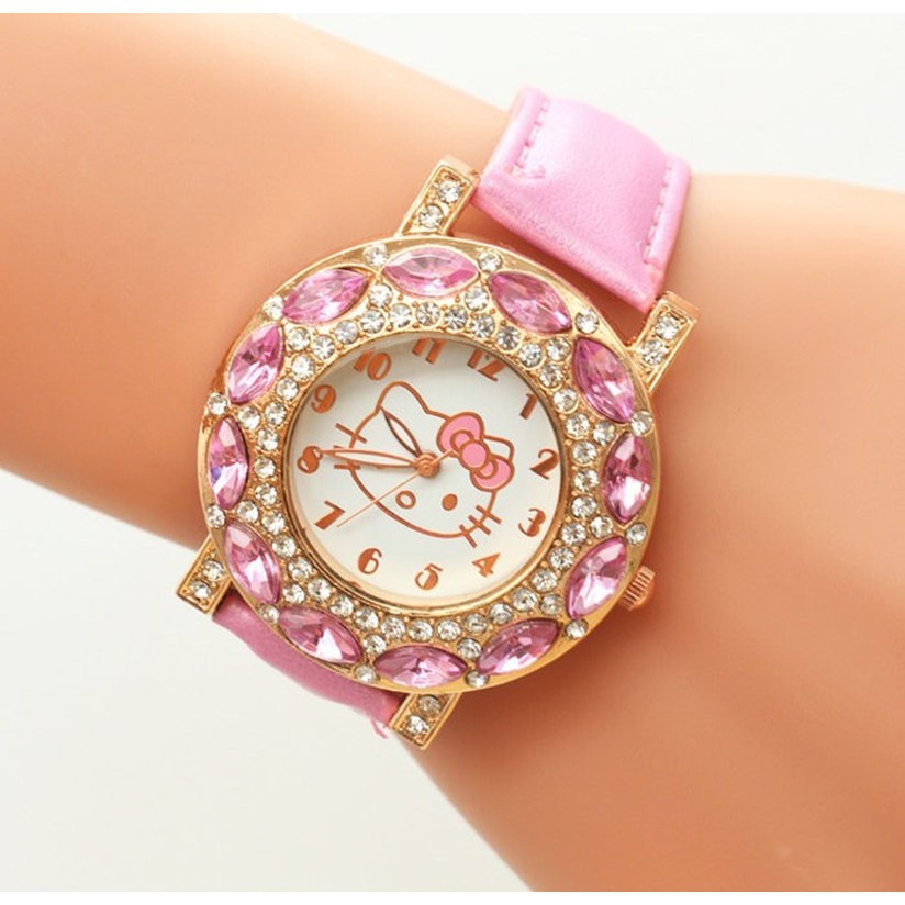 Đồng hồ đeo tay mặt Hello Kitty đính pha lê thời trang cho bé gái