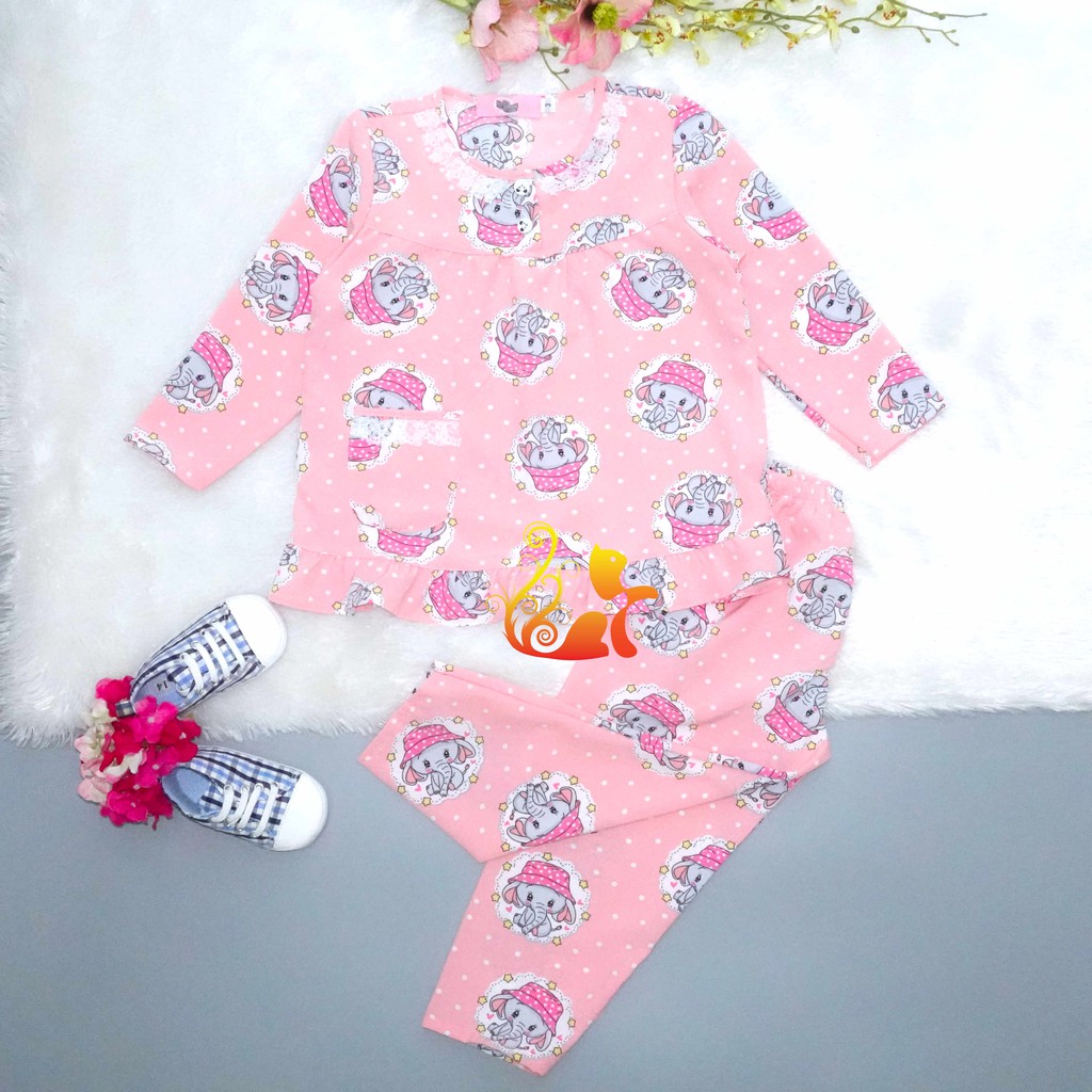 Đồ Bộ Pijama Satin Lụa Hàn &quot;Voi nón hồng&quot; Cổ Ren Quần Dài Cho Bé - Từ 12kg - 42kg.