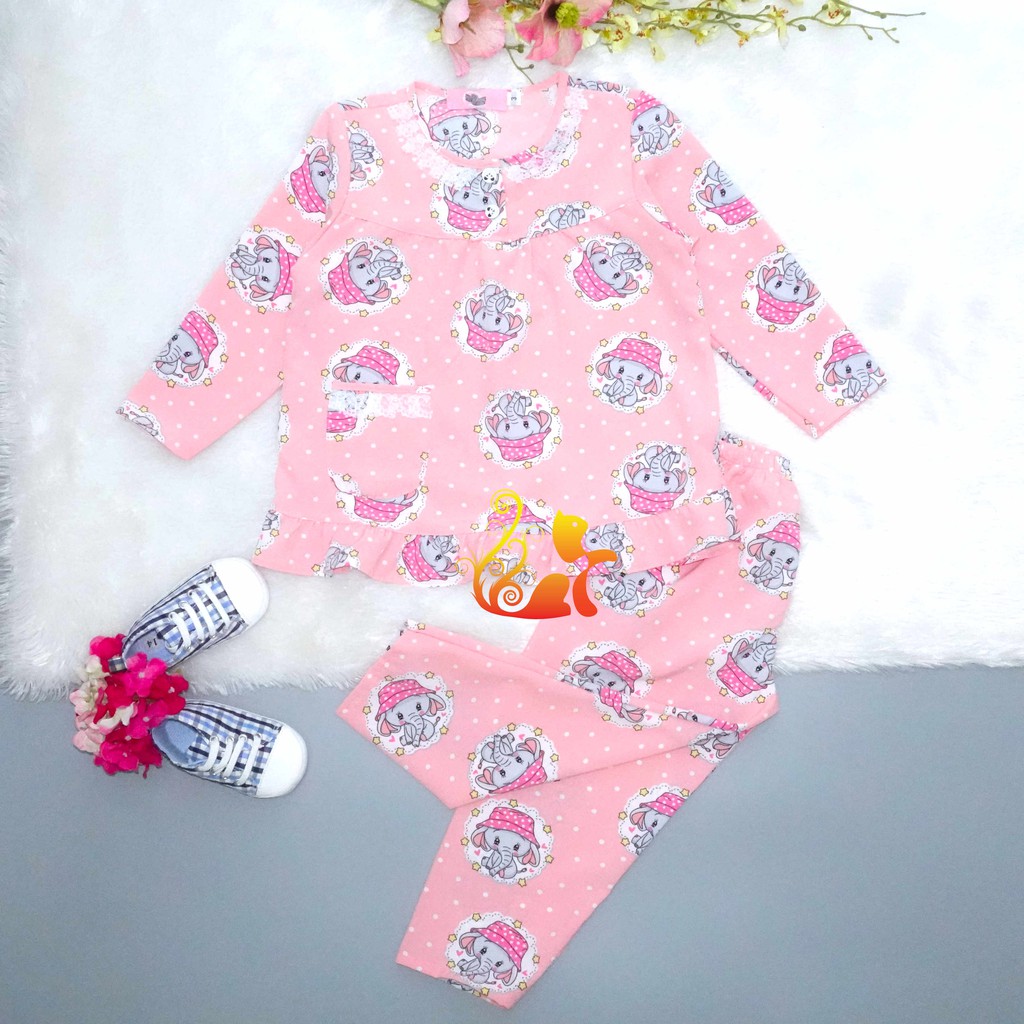 Đồ Bộ Pijama Satin Lụa Hàn "Voi nón hồng" Cổ Ren Quần Dài Cho Bé - Từ 12kg - 42kg.