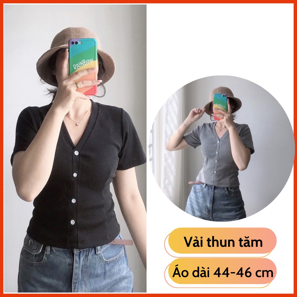 Áo thun gân bigsize nữ tay ngắn cổ tim dáng ôm , áo thun ngắn tay bozip khoá cúc co giãn thoải mái