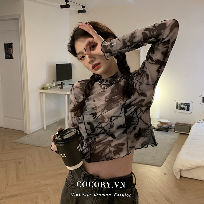 Cocory vn Áo Thun Tay Dài Xuyên Thấu Họa Tiết Màu Nhuộm Gợi Cảm Thời Trang Cho Nữ