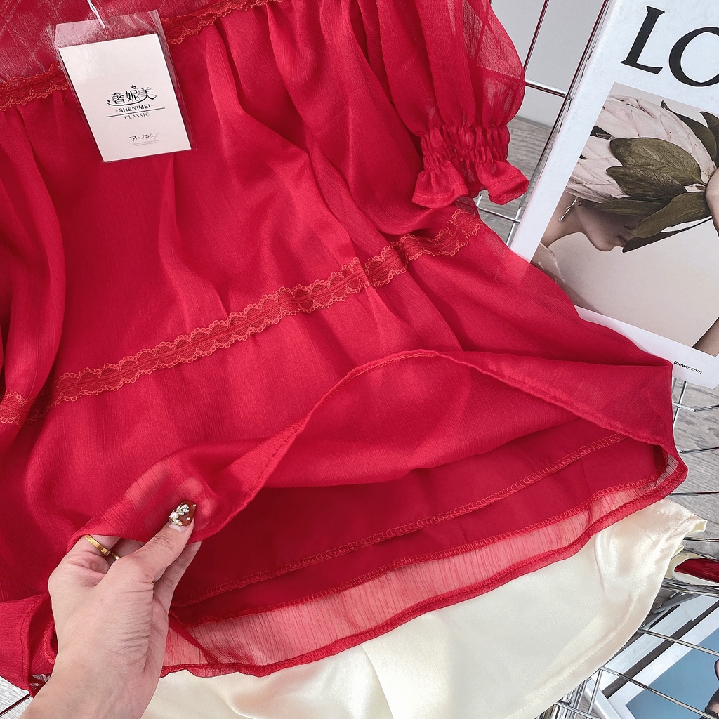 Set áo tơ đỏ viền ren xinh xắn mix quần short đùi tacta BN10107