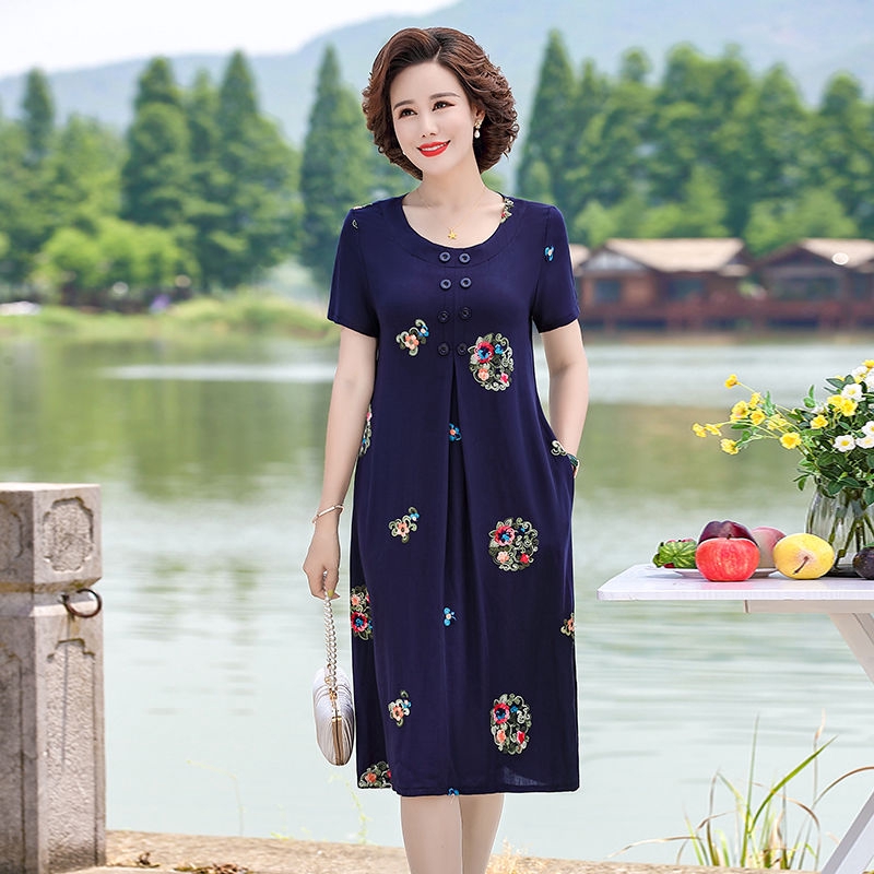 Đầm cotton Lụa Thêu Họa Tiết Dành Cho Phụ Nữ Trung Niên Kích Thước Lớn 40-50 Tuổi