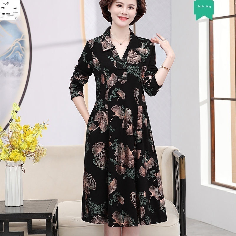 Áo dài trung niên in hình mùa thu 40 tuổi 50 tuổi