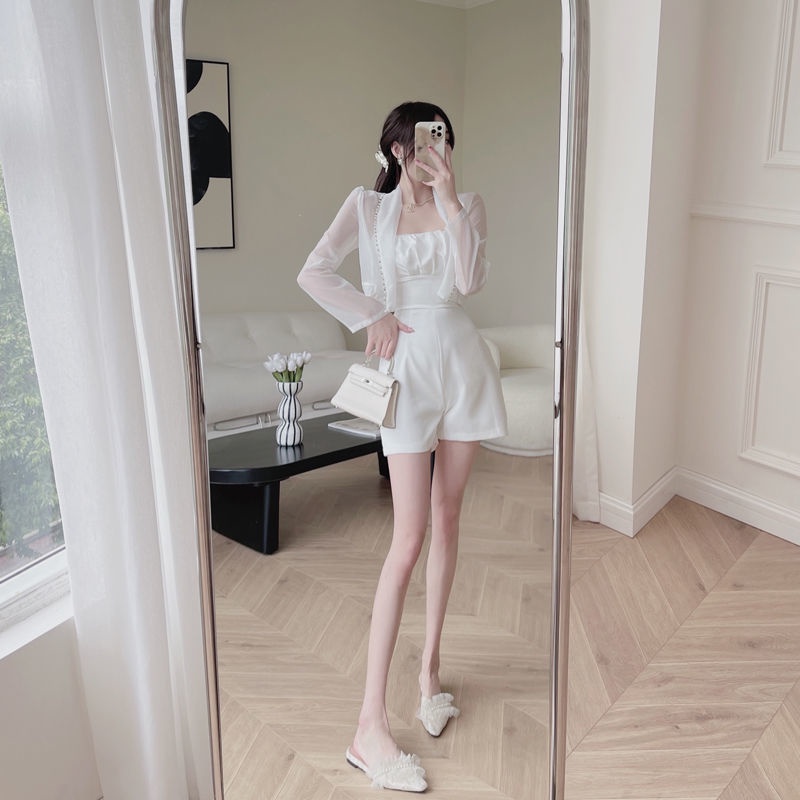 Bộ Áo Liền Quần Ống Màu Trắng Phong Cách Pháp Cổ Điển Thời Trang Mùa Hè Cho Nữ