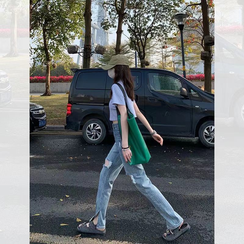✐Quần Jeans Nữ Lưng Cao Ống Đứng Xẻ Rách Thời Trang