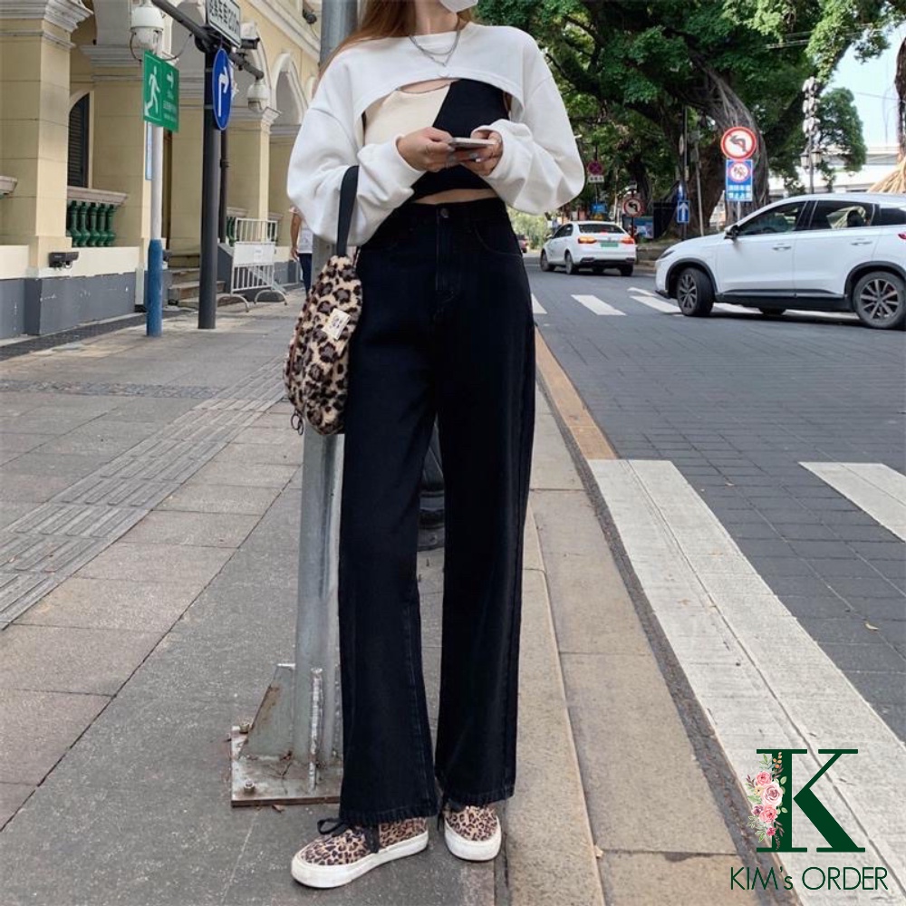 Quần jean nữ màu đen trơn ống suông basic Ulzzang cạp lưng cao đi học đi làm đi chơi chất co dãn nhẹ loại 1