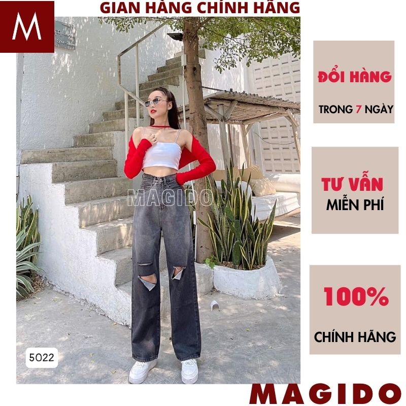 Quần bò ống rộng nữ cạp cao loang mầu xám khói rách 2 gối , quần jeans ống rộng lưng cao, vải bò dày đẹp ,MAGIDO