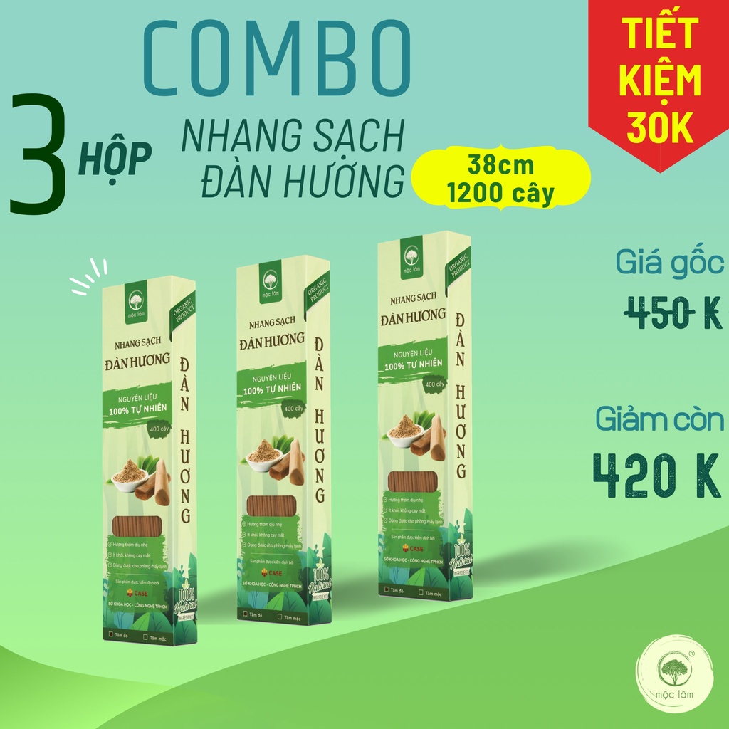 [COMBO 3HỘP] Nhang Sạch Đàn Hương 1200cây 38cm  - TIẾT KIỆM 30K - Nhang Thiên Nhiên MỘC LÂM