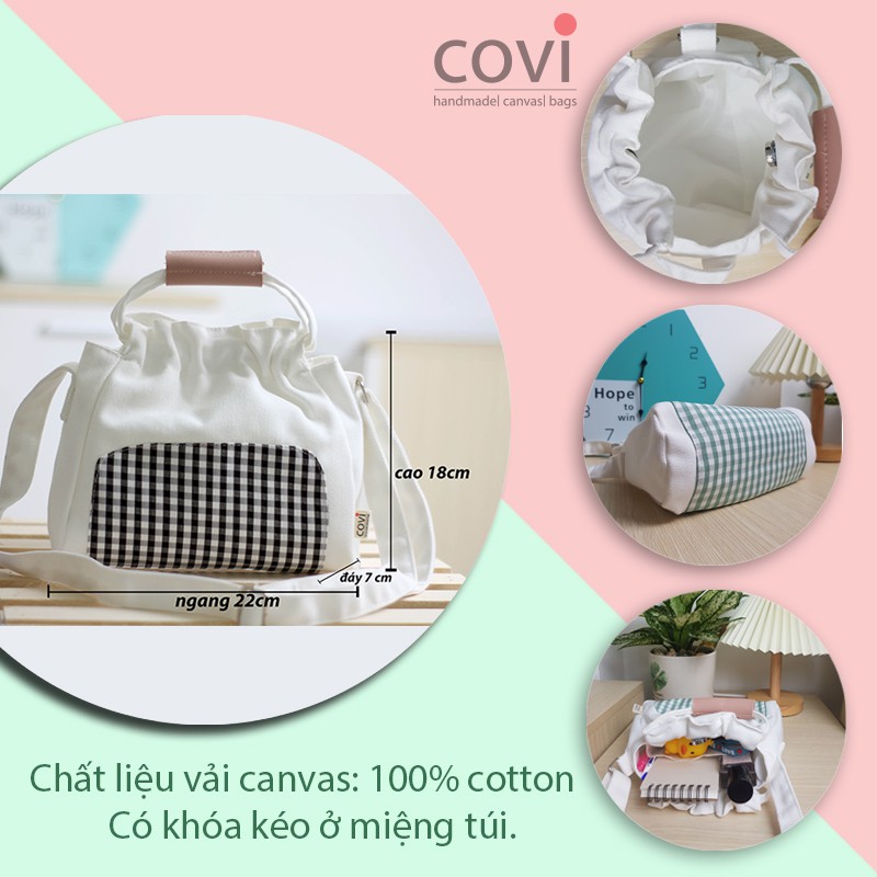 Túi đeo chéo vải canvas, túi đeo chéo đi chơi phom bầu phối caro thời trang COVI nhiều màu sắc T22