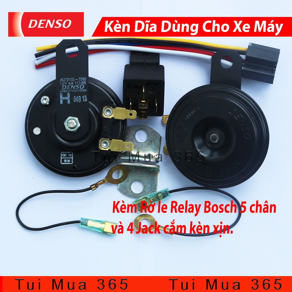 Cặp Kèn Dĩa Denso Dùng Cho Xe Máy Made In Indonesia Kèm Rờ le Relay Bosch 5 chân và 4 Jack cắm kèn xịn